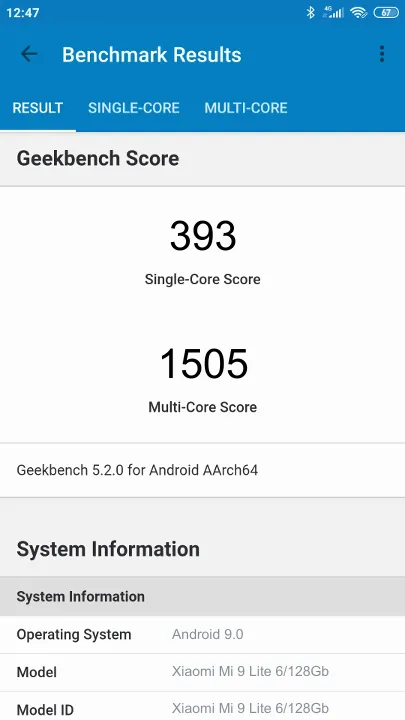 Xiaomi Mi 9 Lite 6/128Gb Geekbench Benchmark результаты теста (score / баллы)