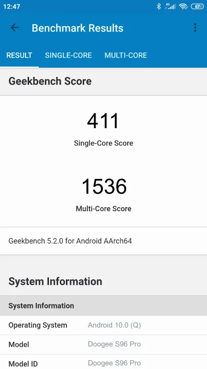Doogee S96 Pro Geekbench Benchmark результаты теста (score / баллы)