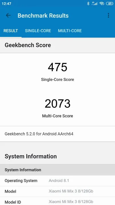 Xiaomi Mi Mix 3 8/128Gb Geekbench Benchmark результаты теста (score / баллы)