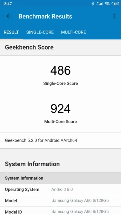 Samsung Galaxy A60 6/128Gb Geekbench Benchmark результаты теста (score / баллы)
