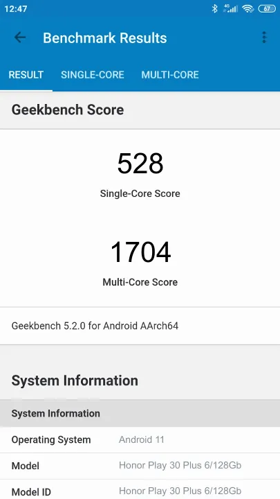 Honor Play 30 Plus 6/128Gb Geekbench Benchmark результаты теста (score / баллы)
