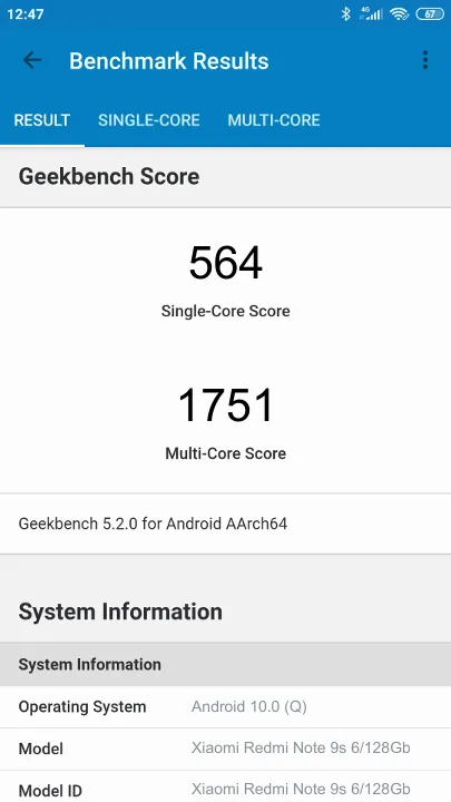 Xiaomi Redmi Note 9s 6/128Gb Geekbench Benchmark результаты теста (score / баллы)