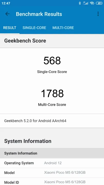 Xiaomi Poco M5 6/128GB Geekbench Benchmark результаты теста (score / баллы)