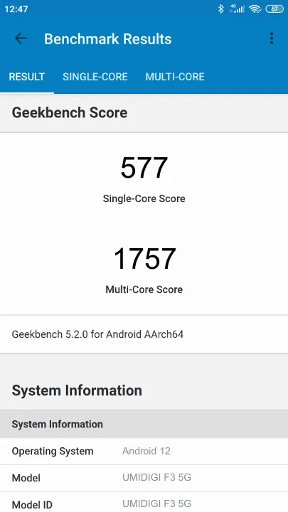 UMIDIGI F3 5G Geekbench Benchmark результаты теста (score / баллы)