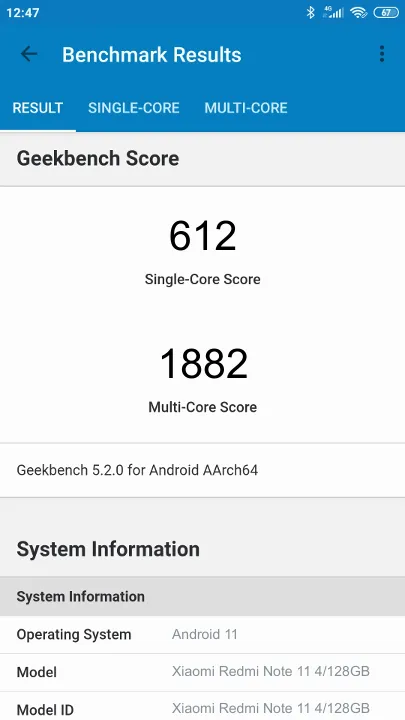 Xiaomi Redmi Note 11 4/128GB Geekbench Benchmark результаты теста (score / баллы)