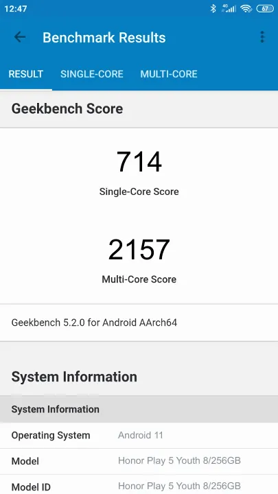 Honor Play 5 Youth 8/256GB Geekbench Benchmark результаты теста (score / баллы)