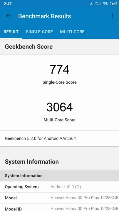Huawei Honor 30 Pro Plus 12/256GB Geekbench Benchmark результаты теста (score / баллы)