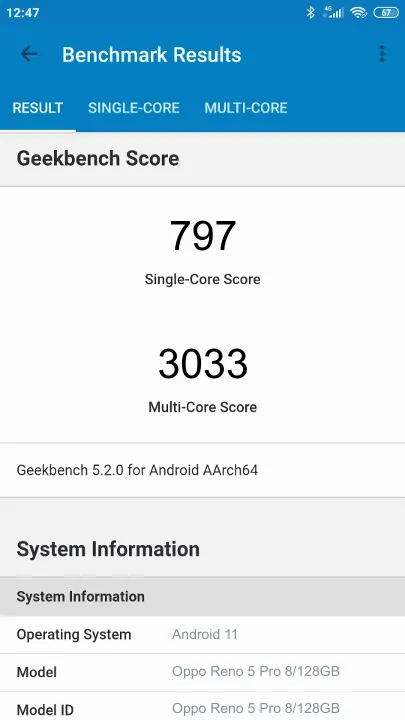Oppo Reno 5 Pro 8/128GB Geekbench Benchmark результаты теста (score / баллы)