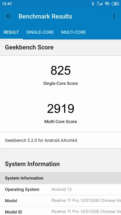 Realme 11 Pro 12/512GB Chinese Version Geekbench Benchmark результаты теста (score / баллы)