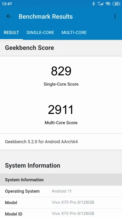 Vivo X70 Pro 8/128GB Geekbench Benchmark результаты теста (score / баллы)