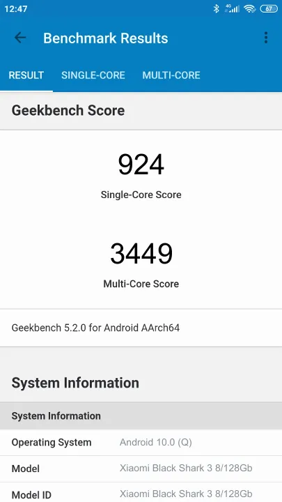 Xiaomi Black Shark 3 8/128Gb Geekbench Benchmark результаты теста (score / баллы)