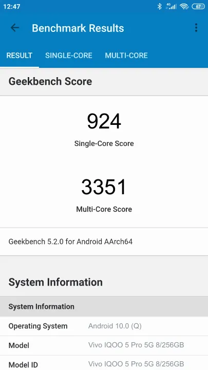 Vivo IQOO 5 Pro 5G 8/256GB Geekbench Benchmark результаты теста (score / баллы)