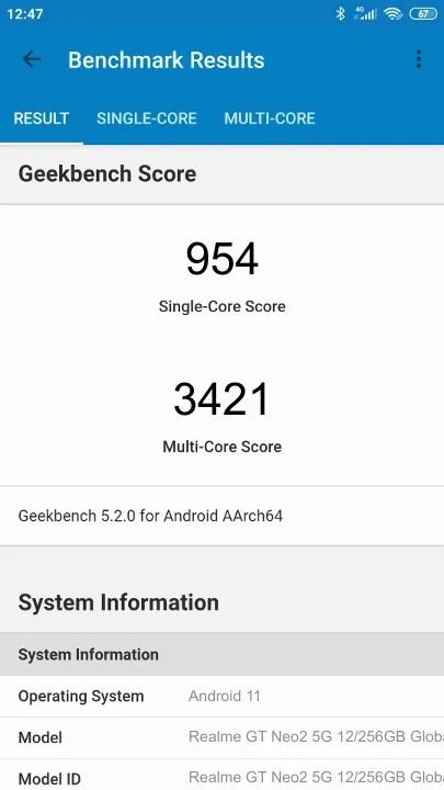 Realme GT Neo2 5G 12/256GB Global Geekbench Benchmark результаты теста (score / баллы)
