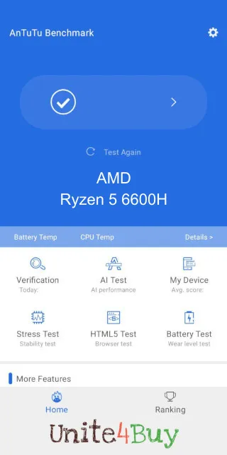 AMD Ryzen 5 6600H Antutu Benchmark результаты теста (score / баллы)