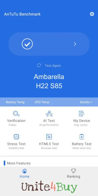 Ambarella H22 S85 Antutu Benchmark результаты теста (score / баллы)