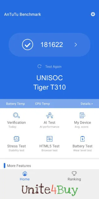 UNISOC Tiger T310 Antutu Benchmark результаты теста (score / баллы)
