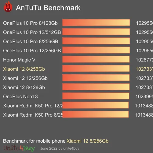 Xiaomi 12 8/256Gb antutu benchmark результаты теста (score / баллы)