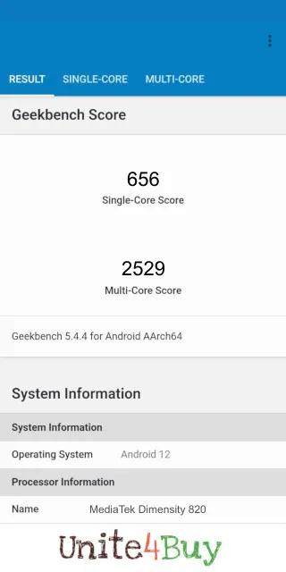MediaTek Dimensity 820 Geekbench Benchmark результаты теста (score / баллы)