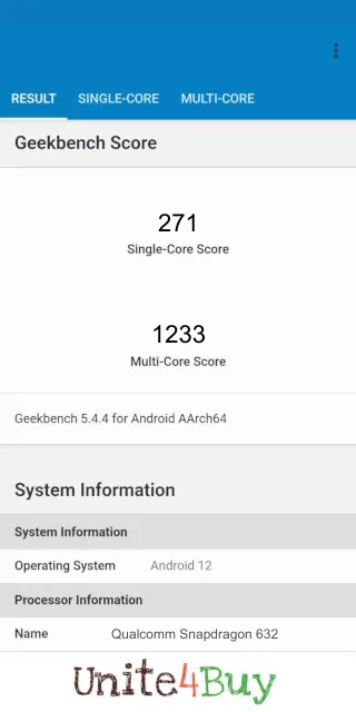 Qualcomm Snapdragon 632 Geekbench Benchmark результаты теста (score / баллы)