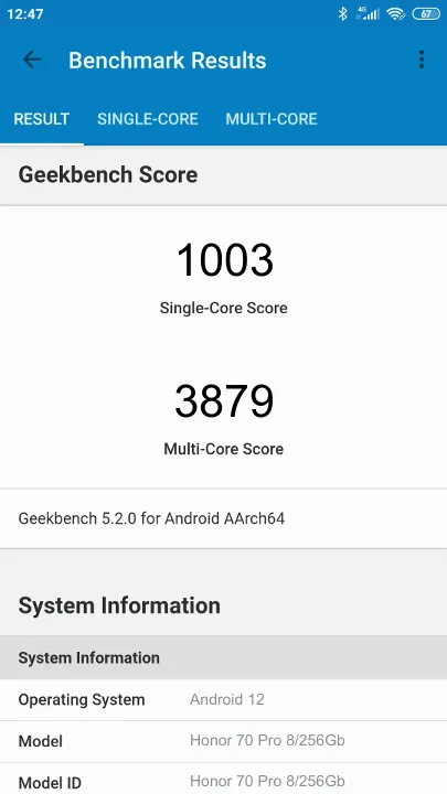 Honor 70 Pro 8/256Gb Geekbench Benchmark результаты теста (score / баллы)
