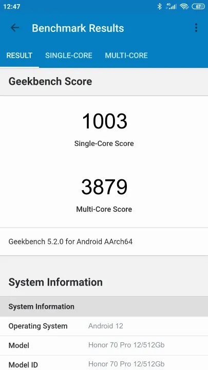 Honor 70 Pro 12/512Gb Geekbench Benchmark результаты теста (score / баллы)