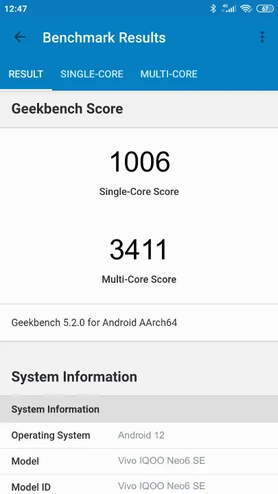 Vivo IQOO Neo6 SE 8/128GB Geekbench Benchmark результаты теста (score / баллы)