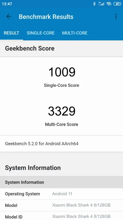 Xiaomi Black Shark 4 8/128GB Geekbench Benchmark результаты теста (score / баллы)