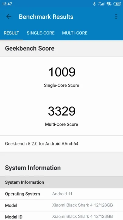 Xiaomi Black Shark 4 12/128GB Geekbench Benchmark результаты теста (score / баллы)