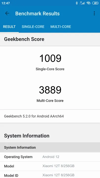 Xiaomi 12T 8/256GB Geekbench Benchmark результаты теста (score / баллы)