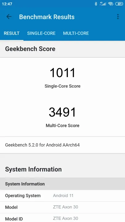 ZTE Axon 30 Geekbench Benchmark результаты теста (score / баллы)