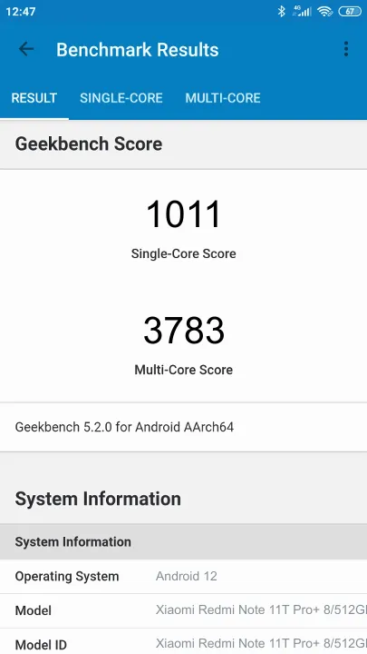 Xiaomi Redmi Note 11T Pro+ 8/512Gb Geekbench Benchmark результаты теста (score / баллы)