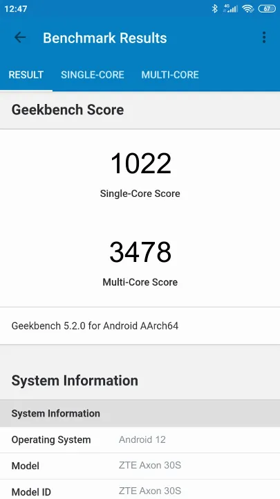 ZTE Axon 30S 8/128GB Geekbench Benchmark результаты теста (score / баллы)