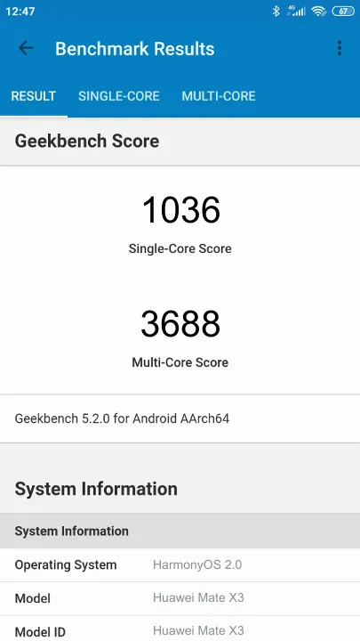 Huawei Mate X3 Geekbench Benchmark результаты теста (score / баллы)
