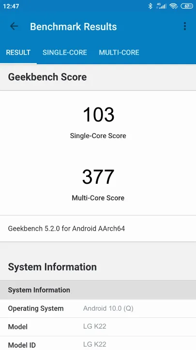 LG K22 Geekbench Benchmark результаты теста (score / баллы)