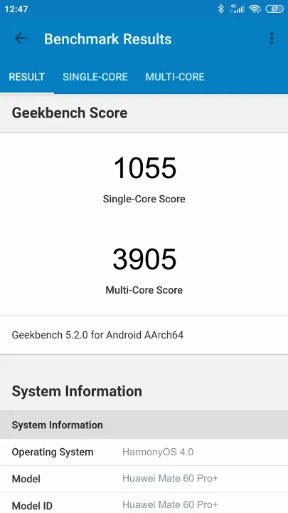 Huawei Mate 60 Pro+ Geekbench Benchmark результаты теста (score / баллы)