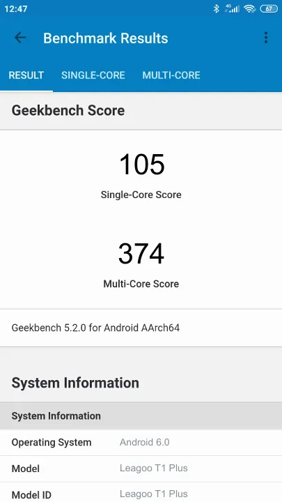 Leagoo T1 Plus Geekbench Benchmark результаты теста (score / баллы)