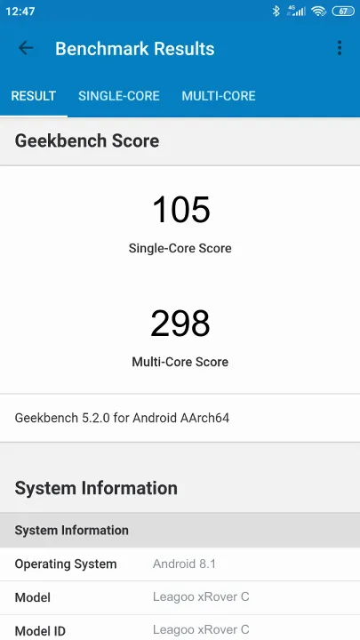 Leagoo xRover C Geekbench Benchmark результаты теста (score / баллы)