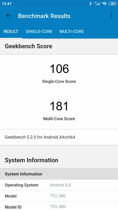 TCL 580 Geekbench Benchmark результаты теста (score / баллы)
