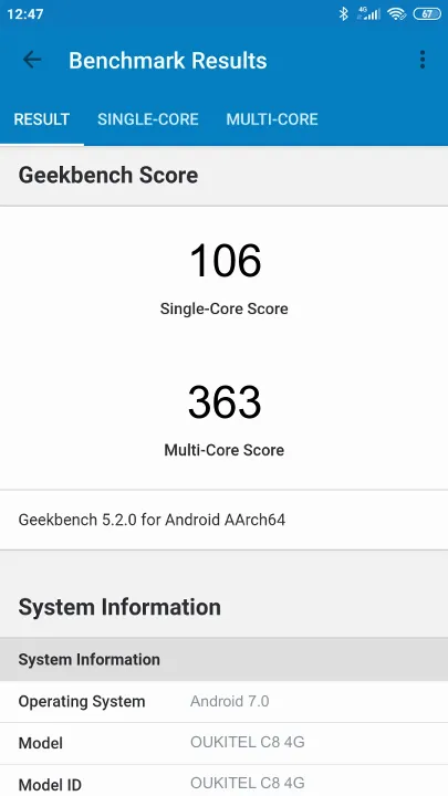 OUKITEL C8 4G Geekbench Benchmark результаты теста (score / баллы)