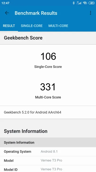 Vernee T3 Pro Geekbench Benchmark результаты теста (score / баллы)