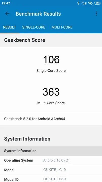 OUKITEL C19 Geekbench Benchmark результаты теста (score / баллы)