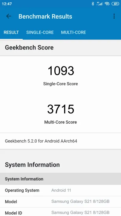 Samsung Galaxy S21 8/128GB Geekbench Benchmark результаты теста (score / баллы)