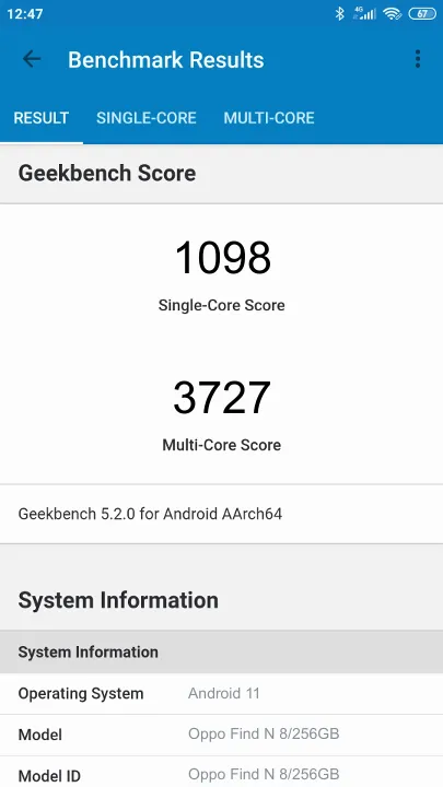 Oppo Find N 8/256GB Geekbench Benchmark результаты теста (score / баллы)