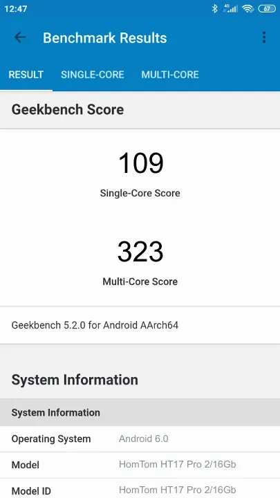 HomTom HT17 Pro 2/16Gb Geekbench Benchmark результаты теста (score / баллы)
