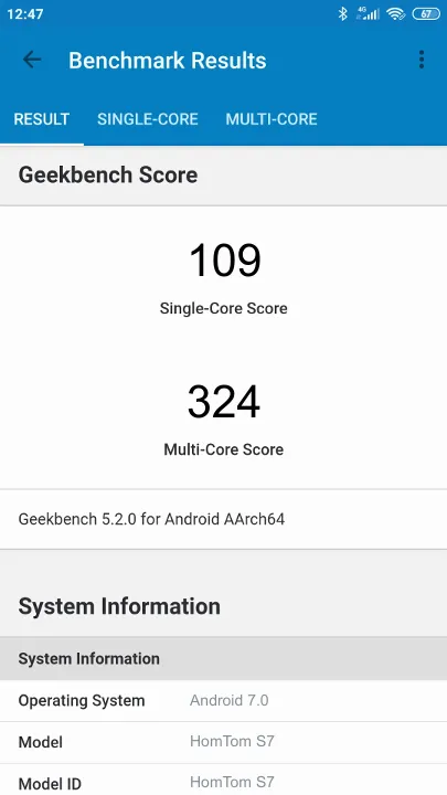 HomTom S7 Geekbench Benchmark результаты теста (score / баллы)