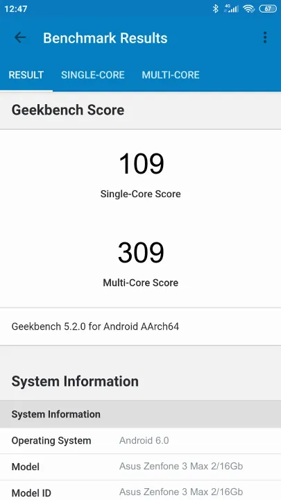 Asus Zenfone 3 Max 2/16Gb Geekbench Benchmark результаты теста (score / баллы)