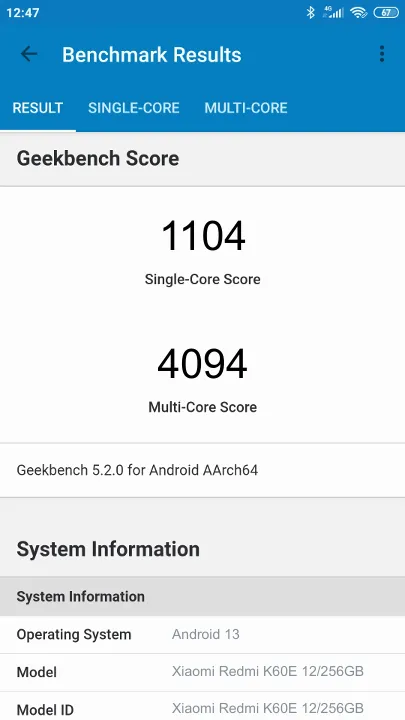 Xiaomi Redmi K60E 12/256GB Geekbench Benchmark результаты теста (score / баллы)
