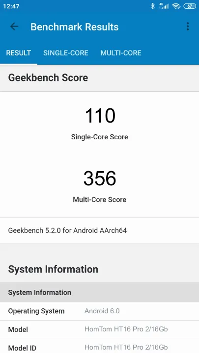 HomTom HT16 Pro 2/16Gb Geekbench Benchmark результаты теста (score / баллы)