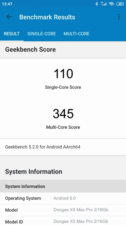 Doogee X5 Max Pro 2/16Gb Geekbench Benchmark результаты теста (score / баллы)