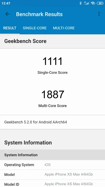 Apple iPhone XS Max 4/64Gb Geekbench Benchmark результаты теста (score / баллы)